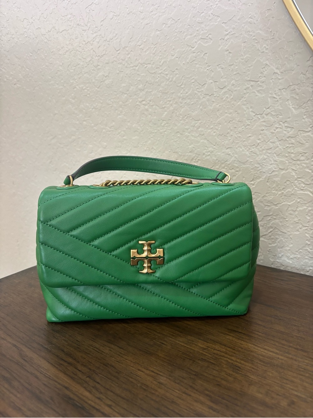 Tory Burch Small Kira Green Quilted Leather Shoulder Bag with Gold Hardware
